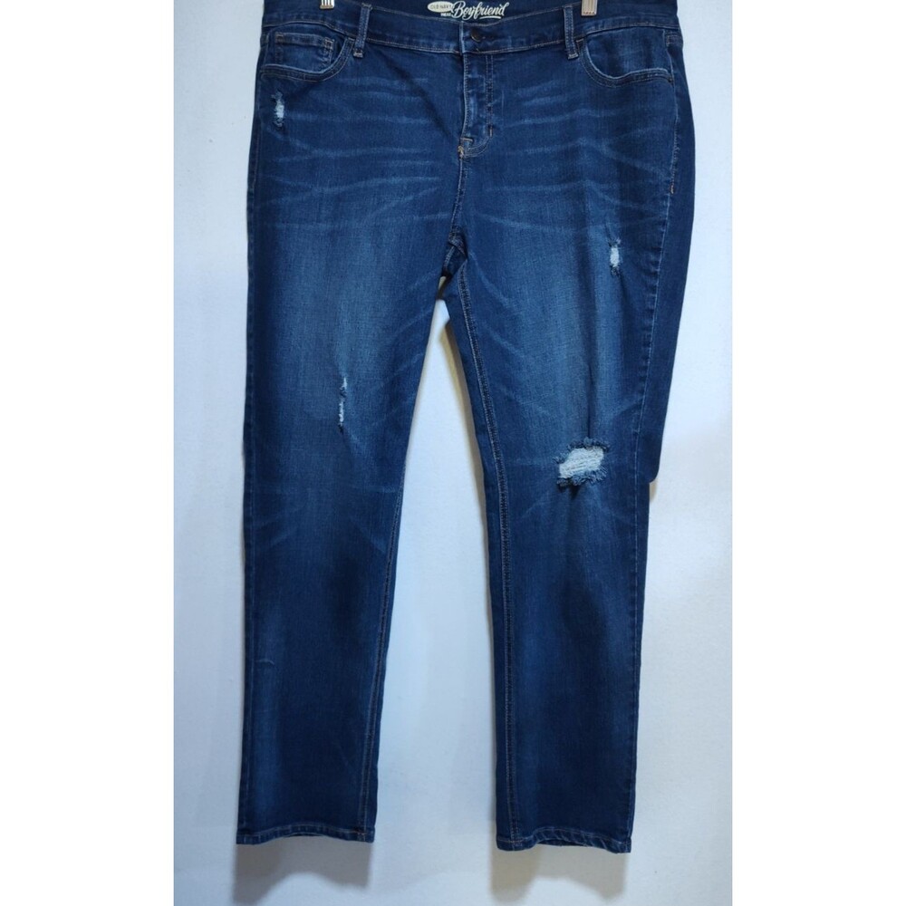 Old Navy Boyfriend Women Blue Jeans Size 14 Reg.Stretch Distressed Straight Leg